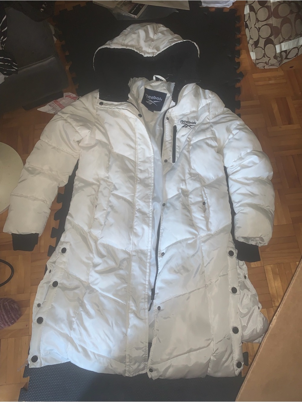 Reebok Women's White Long Quilted Puffer Coat with Hood